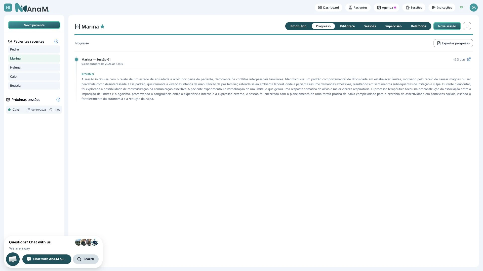 Tela completa de acompanhamento entre sessões na Ana M., com dados fictícios de demonstração.