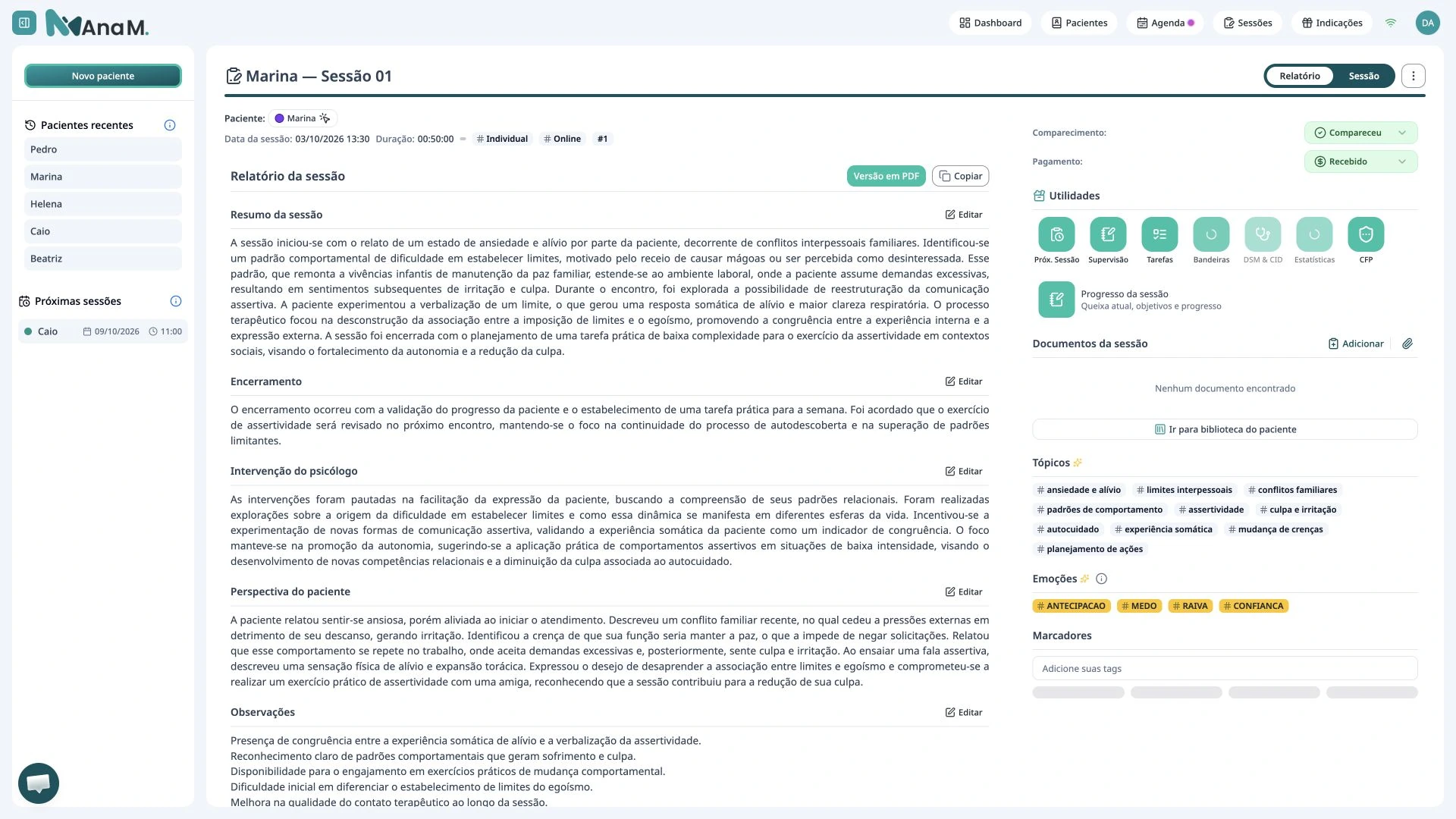 Tela completa da apresentação Conheça a Ana M., com dados fictícios de demonstração.